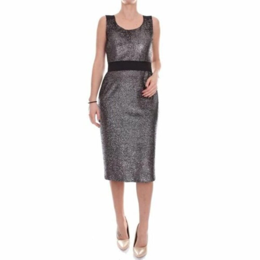 Boutique Moschino Dress Silver Boucle Metallic Sheath 48 IT / 14US NWT